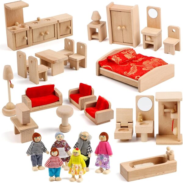 5-in-1-Puppenhaus-Möbelset mit Familie und 6 Puppen für Rollenspiele