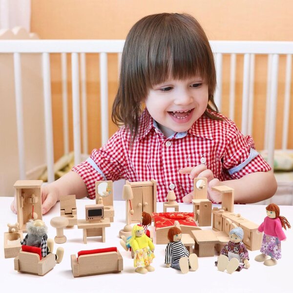 5-in-1-Puppenhaus-Möbelset mit Familie und 6 Puppen für Rollenspiele