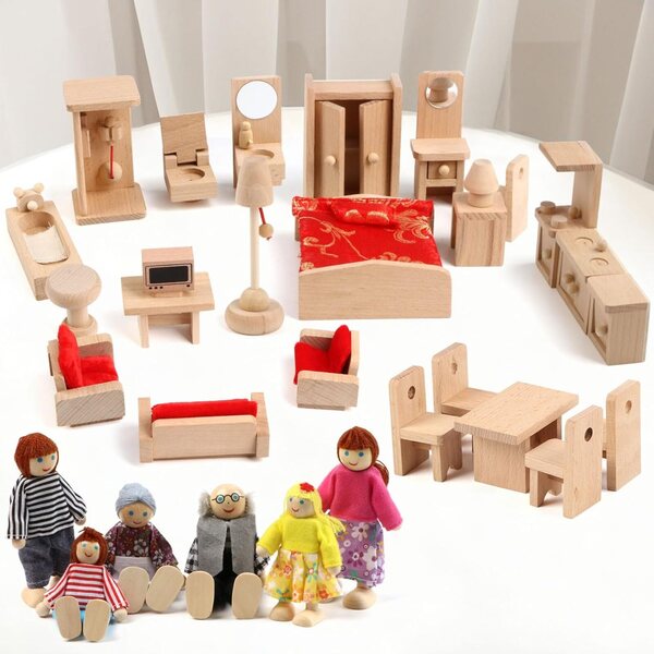 5-in-1-Puppenhaus-Möbelset mit Familie und 6 Puppen für Rollenspiele