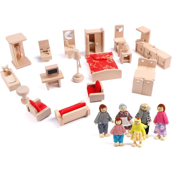 5-in-1-Puppenhaus-Möbelset mit Familie und 6 Puppen für Rollenspiele