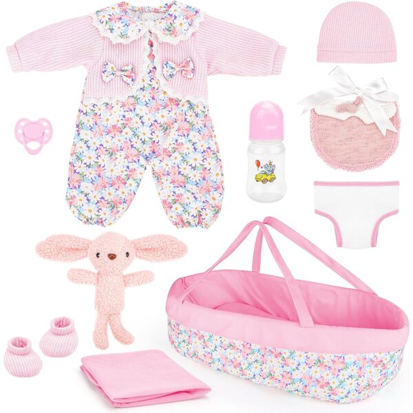 Set 11 Pezzi di Abbigliamento e Accessori per Bambole 30-43 cm con Culla Rosa