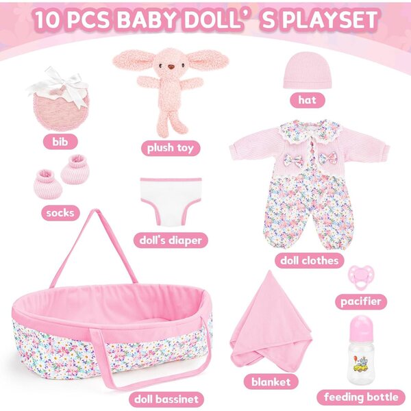 Set 11 Pezzi di Abbigliamento e Accessori per Bambole 30-43 cm con Culla Rosa