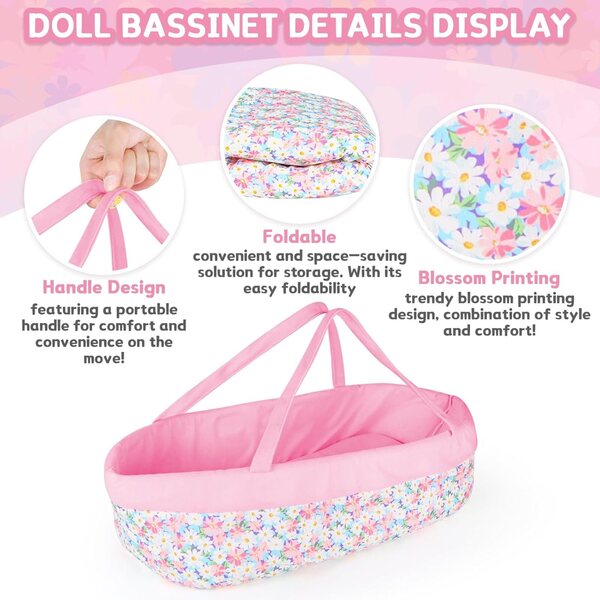 Set 11 Pezzi di Abbigliamento e Accessori per Bambole 30-43 cm con Culla Rosa