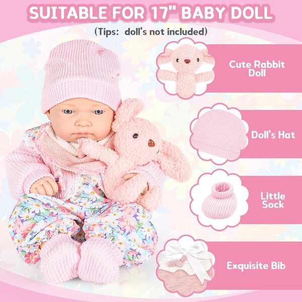 Set 11 Pezzi di Abbigliamento e Accessori per Bambole 30-43 cm con Culla Rosa