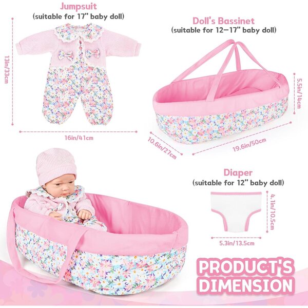 Set 11 Pezzi di Abbigliamento e Accessori per Bambole 30-43 cm con Culla Rosa