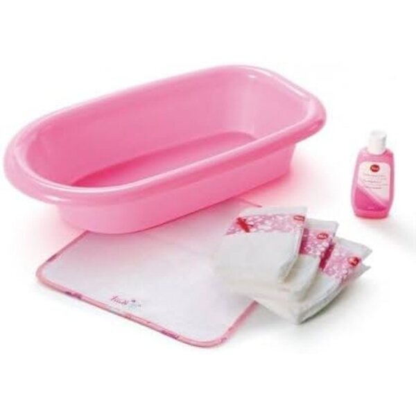 Badeset für Puppen mit rosa Wanne, 3 Windeln, Handtuch und Creme