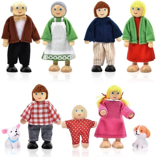 Famiglia di bambole in legno yotutun per casa delle bambole, 9 pezzi con animali