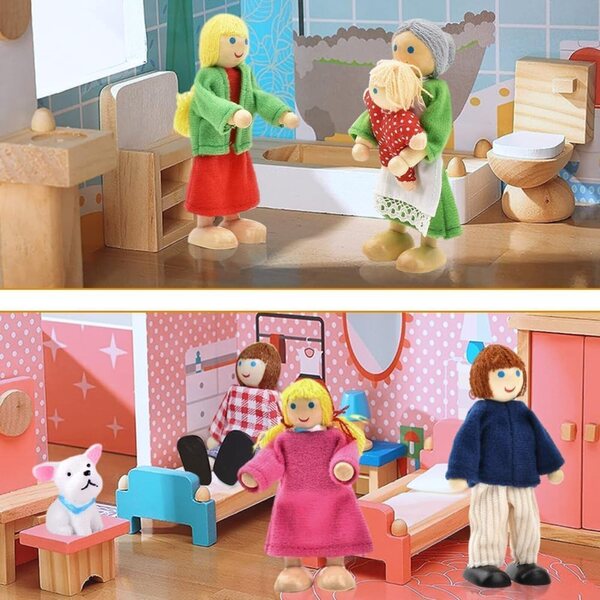 Famiglia di bambole in legno yotutun per casa delle bambole, 9 pezzi con animali