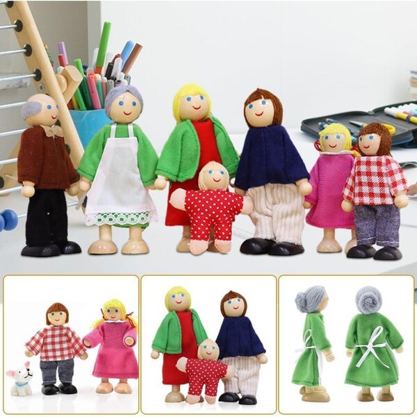 Famiglia di bambole in legno yotutun per casa delle bambole, 9 pezzi con animali