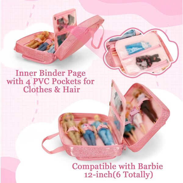 LoDrid Valigetta de Transport per Barbie 12 Pollici con Più Tasche e Maniglia Rosa
