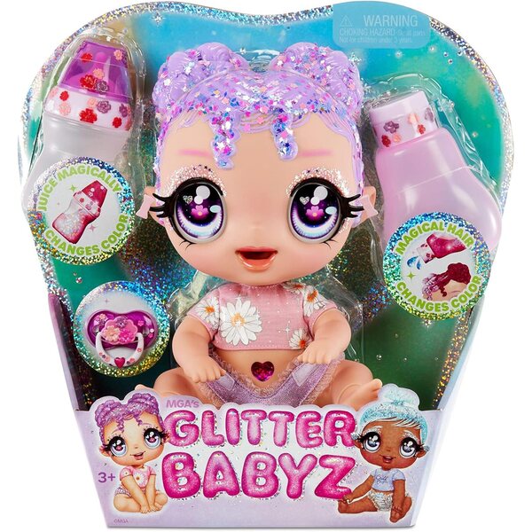 Glitter Babyz Lila Wildboom – Zauberpuppe mit 3 Farbwechseln und wiederverwendbarem Zubehör