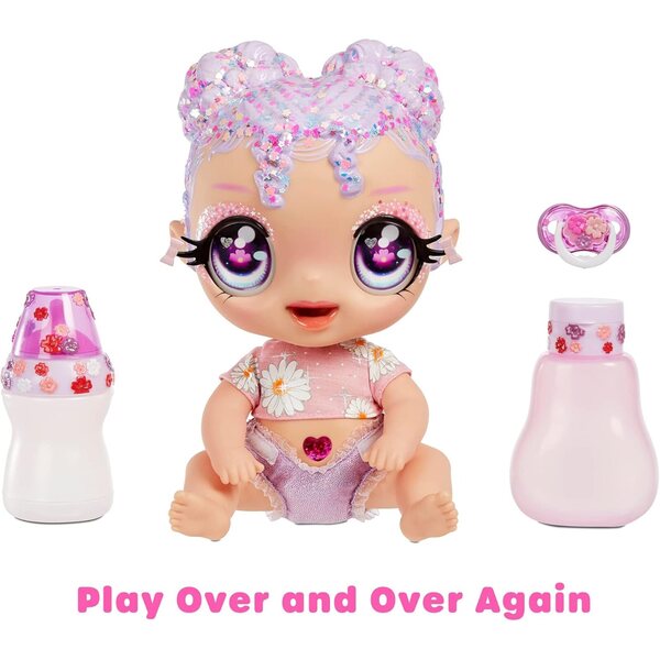 Glitter Babyz Lila Wildboom – Zauberpuppe mit 3 Farbwechseln und wiederverwendbarem Zubehör