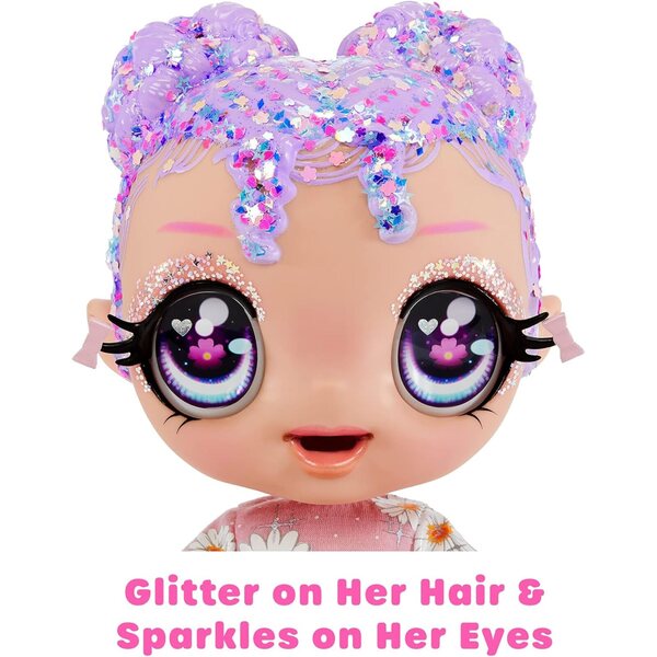 Glitter Babyz Lila Wildboom – Zauberpuppe mit 3 Farbwechseln und wiederverwendbarem Zubehör