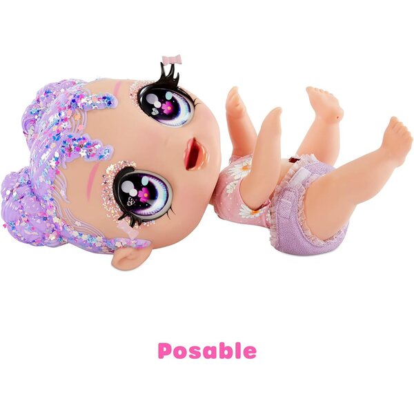 Glitter Babyz Lila Wildboom – Zauberpuppe mit 3 Farbwechseln und wiederverwendbarem Zubehör