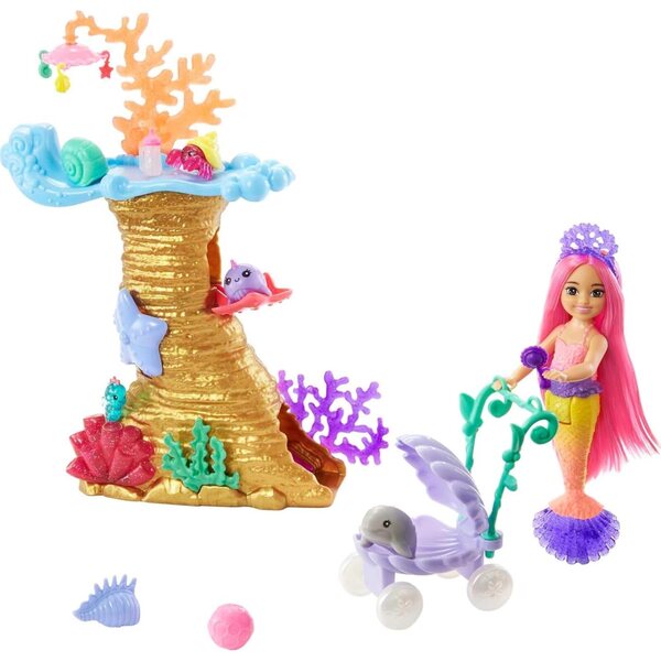 Barbie Chelsea Meerjungfrau mit Set Récif Corallien und 4 Tieren, Spiel für Kinder ab 3 Jahren
