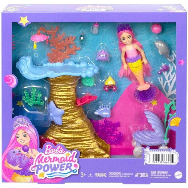 Barbie Chelsea Meerjungfrau mit Set Récif Corallien und 4 Tieren, Spiel für Kinder ab 3 Jahren
