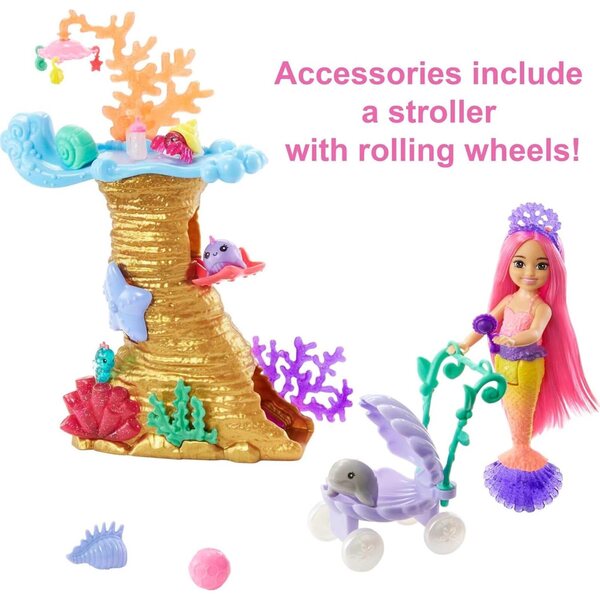 Barbie Chelsea Meerjungfrau mit Set Récif Corallien und 4 Tieren, Spiel für Kinder ab 3 Jahren