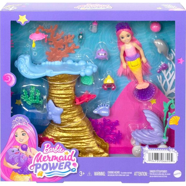 Barbie Chelsea Meerjungfrau mit Set Récif Corallien und 4 Tieren, Spiel für Kinder ab 3 Jahren