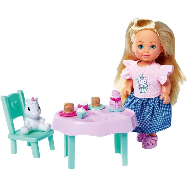 Evi Love Cake Time: Puppe mit Stofftier, Tisch, Stuhl und Teezubehör für Kinder