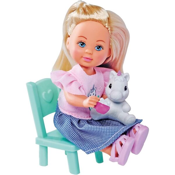 Evi Love Cake Time: Puppe mit Stofftier, Tisch, Stuhl und Teezubehör für Kinder