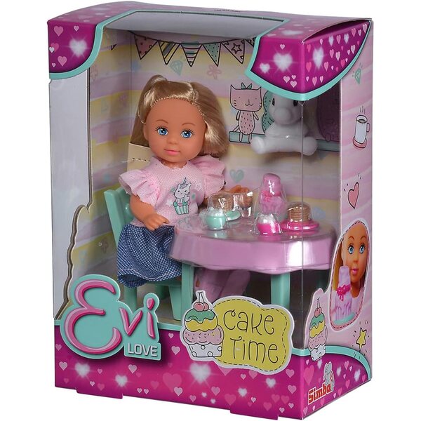 Evi Love Cake Time: Puppe mit Stofftier, Tisch, Stuhl und Teezubehör für Kinder