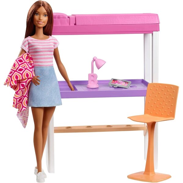Barbie Mobiler Trasformabile con Letto a Castello e Accessori da Ufficio, Multicolore