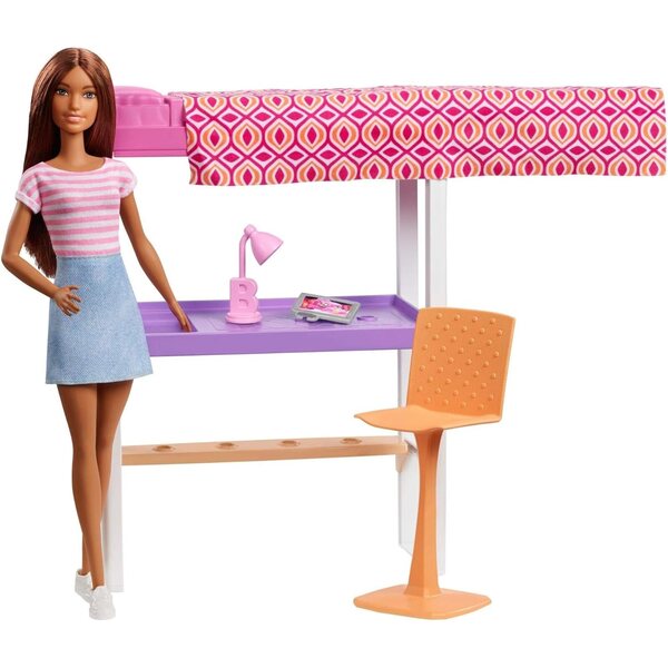 Barbie Mobiler Trasformabile con Letto a Castello e Accessori da Ufficio, Multicolore