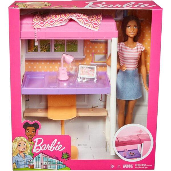 Barbie Mobiler Trasformabile con Letto a Castello e Accessori da Ufficio, Multicolore