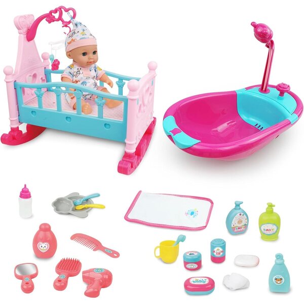 12-Zoll-RedCrab-Babypuppenset mit 24 Zubehörteilen, Kinderbett, Badewanne und Lernspielzeug