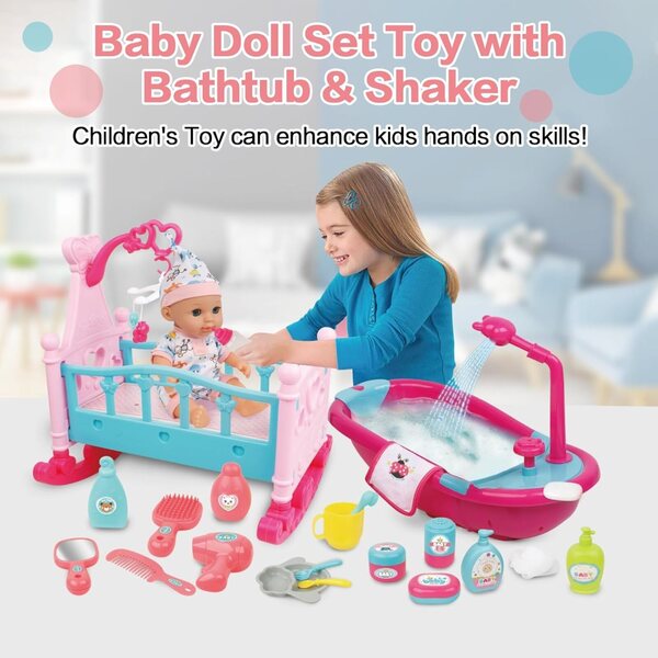 12-Zoll-RedCrab-Babypuppenset mit 24 Zubehörteilen, Kinderbett, Badewanne und Lernspielzeug