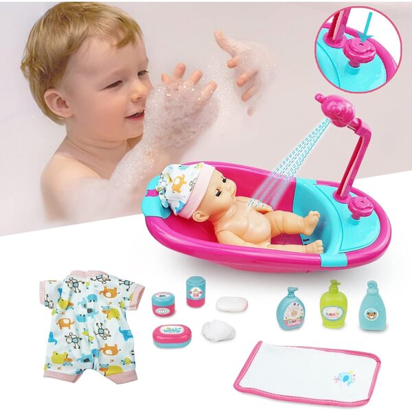 12-Zoll-RedCrab-Babypuppenset mit 24 Zubehörteilen, Kinderbett, Badewanne und Lernspielzeug