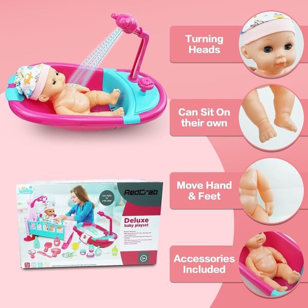 12-Zoll-RedCrab-Babypuppenset mit 24 Zubehörteilen, Kinderbett, Badewanne und Lernspielzeug