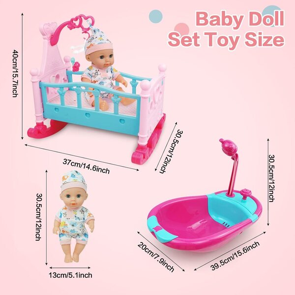 12-Zoll-RedCrab-Babypuppenset mit 24 Zubehörteilen, Kinderbett, Badewanne und Lernspielzeug