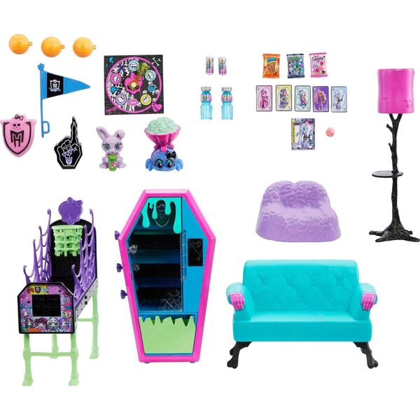 Monster High-Studentensaal mit Verkaufsautomaten und Halloween-Accessoires für Kinder
