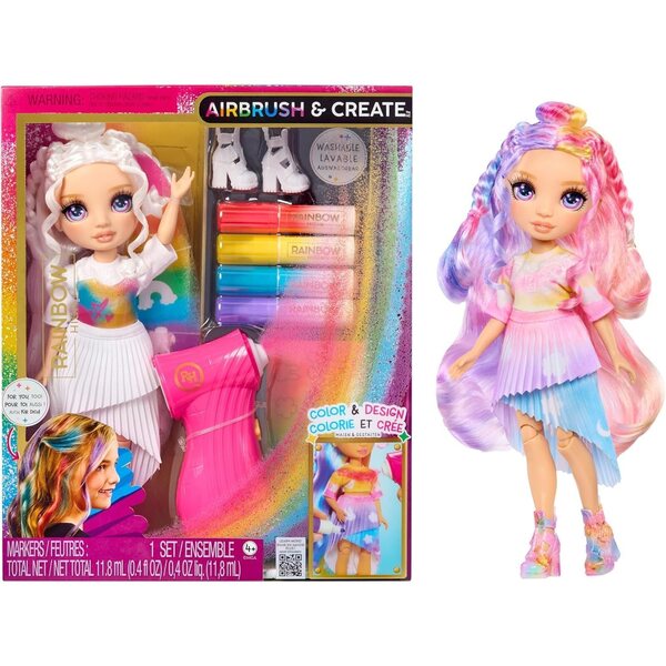 RAINBOW HIGH Aerografo & Crea - Bambola fai da te da personalizzare con kit aerografo e pennarelli lavabili
