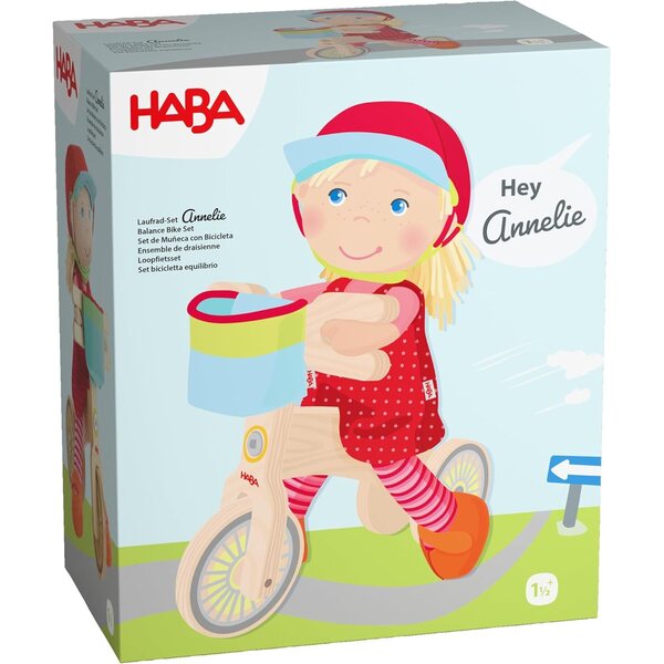 HABA Annelie: Draisienne aus Holz mit Puppen, Helm und Korb für Kinder ab 18 Monaten