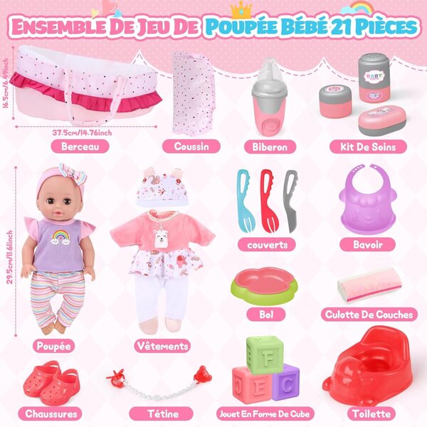 YOOHBERRYS Zubehörset für Pupo 30 cm mit Kleidung, Flasche und Lernspielzeug