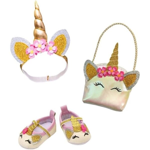 Glitzerndes Einhorn-Zubehörset für Puppen 30-34 cm mit Ballerinas, Tasche und Stirnband