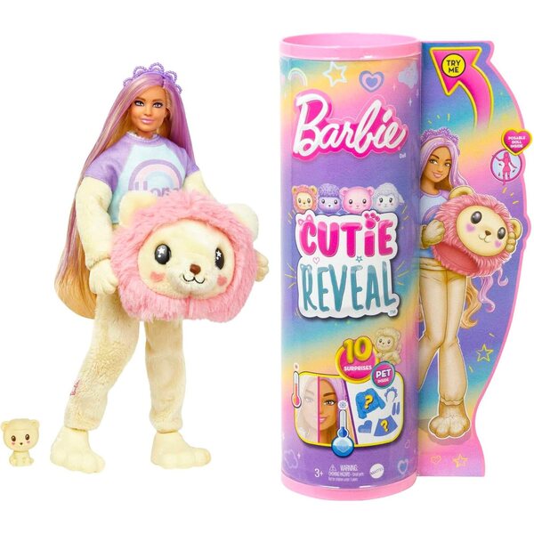 Barbie Cutie Reveal T-Shirt Confort con 10 sorprese e costume peluche leone per bambini
