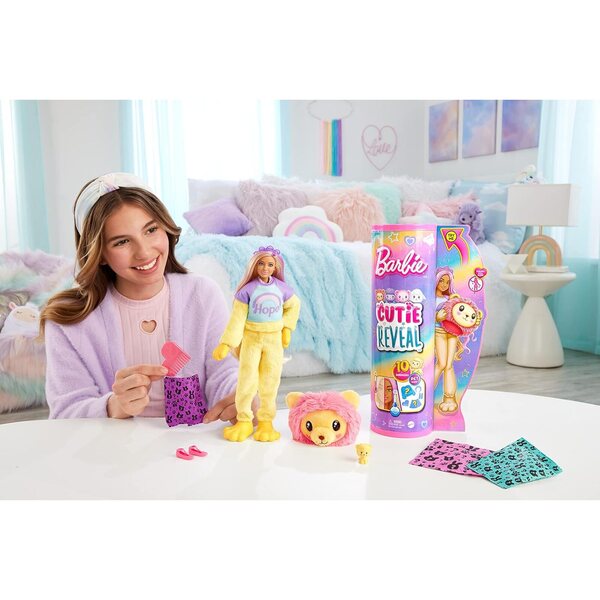 Barbie Cutie Reveal T-Shirt Confort con 10 sorprese e costume peluche leone per bambini