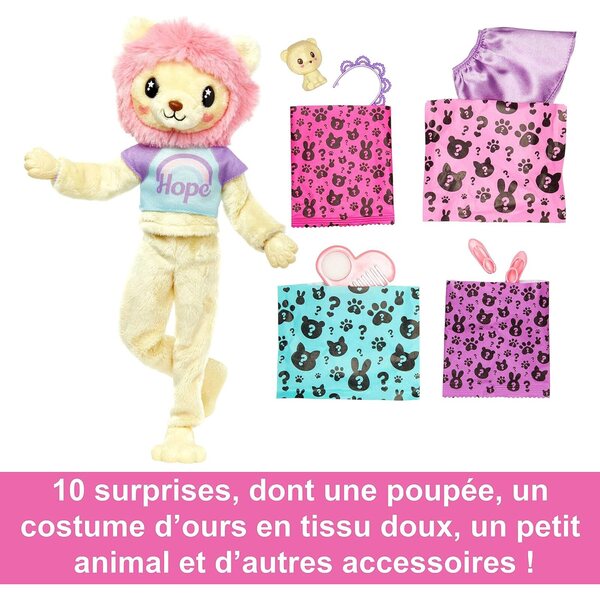 Barbie Cutie Reveal T-Shirt Confort con 10 sorprese e costume peluche leone per bambini
