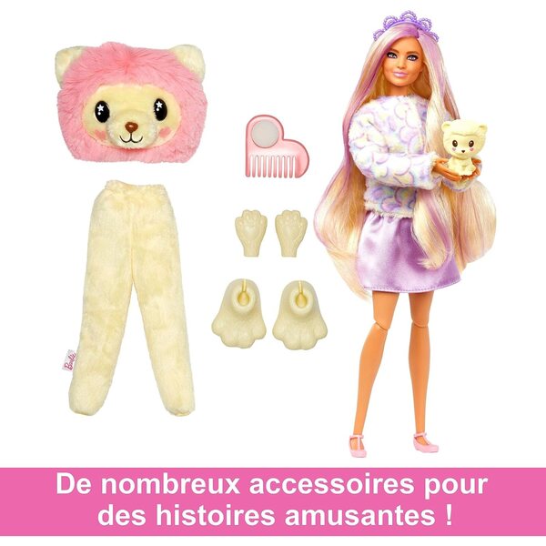 Barbie Cutie Reveal T-Shirt Confort con 10 sorprese e costume peluche leone per bambini