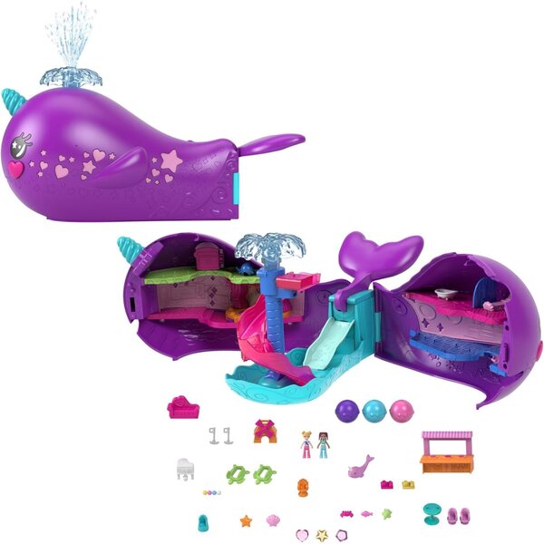 Polly Pocket Bateau Narval Sparkle Cove mit Minifiguren, Zubehör und Wasserspielen