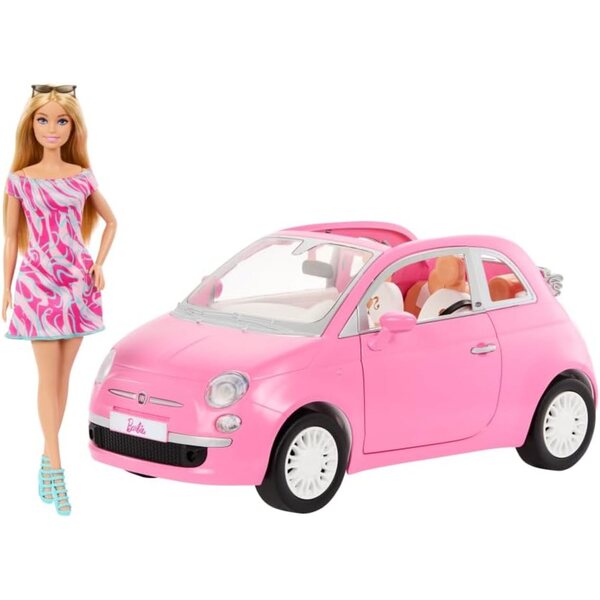 Barbie Fiat 500 Cabrio Pink mit Puppen und Stylo Power Flexy – Spiel für Kinder ab 3 Jahren