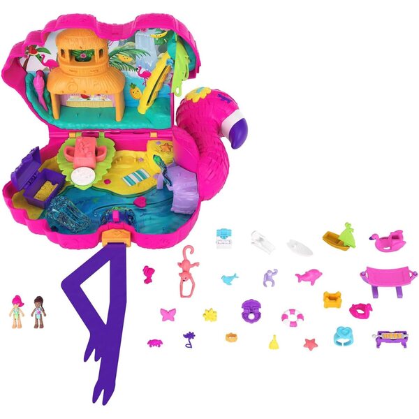 Polly Pocket Flamant Rose Box-Set mit 26 Überraschungen und tropischen Minifiguren
