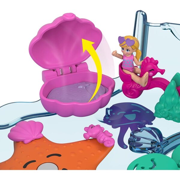 Polly Pocket Aquarium in Bullen mit 18 Zubehörteilen und Minifiguren, Wasserspiel
