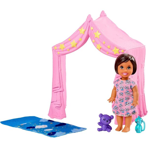 Barbie Famille Skipper Babysitter-Box-Set mit rosa Zelt und Zubehör für Kinder