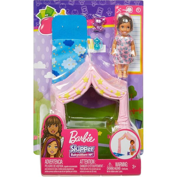 Barbie Famille Skipper Babysitter-Box-Set mit rosa Zelt und Zubehör für Kinder