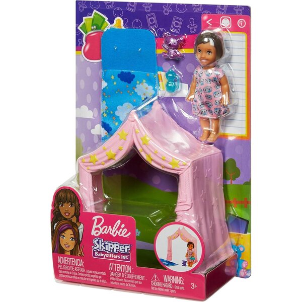 Barbie Famille Skipper Babysitter-Box-Set mit rosa Zelt und Zubehör für Kinder