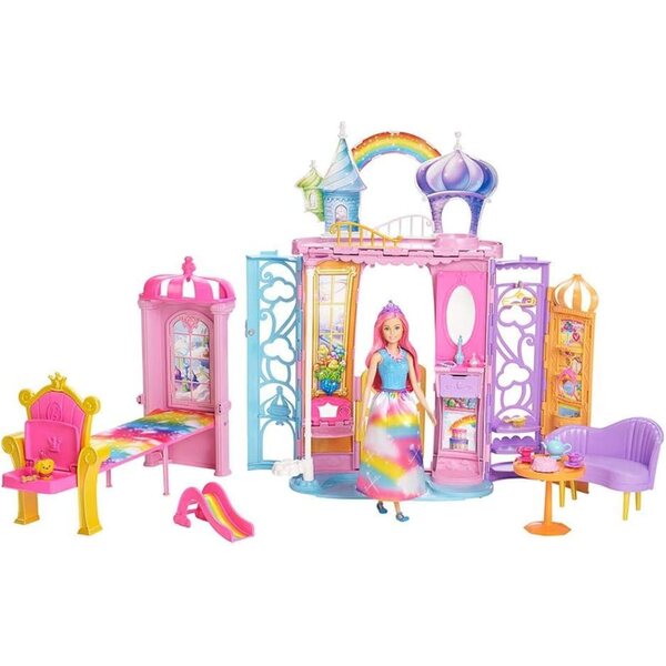 Barbie Castello Arcobaleno con 15 Accessori e Cane Honey Incluso - Valigetta Giocattolo